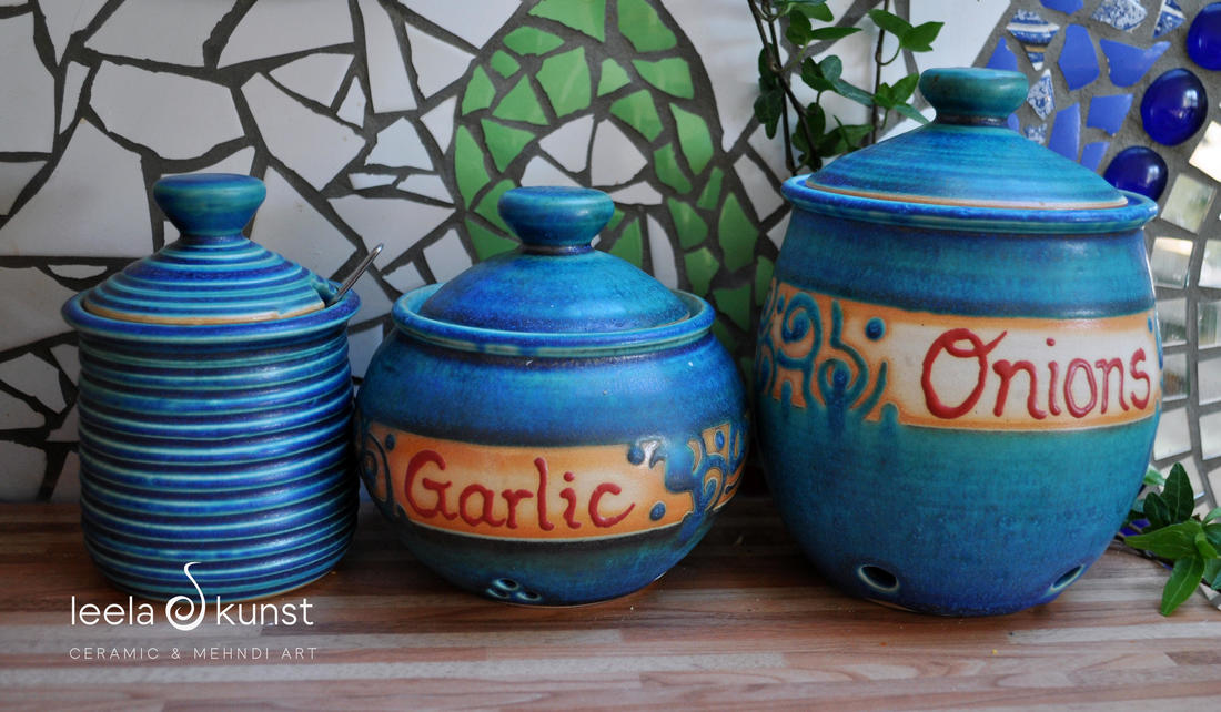 Keramik Knoblauchtopf, Zwiebeltopf und Zuckerdose Set